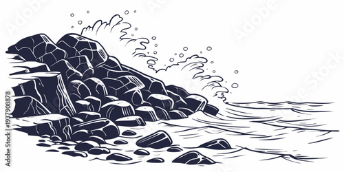 A dramatic depiction of a stormy sea with crashing waves and dark clouds. Vector