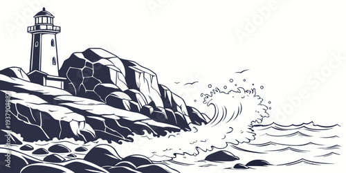 A lone tree stands tall on a rocky cliff overlooking a vast ocean Vector