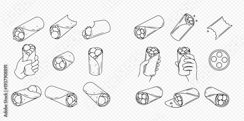 Set of hand-drawn line art illustrations depicting various burrito and wrap designs, including hands holding them, perfect for food-related graphics and menus.