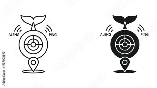 Whale tail icon with sonar ping and map pin location marker, sonar technology concept