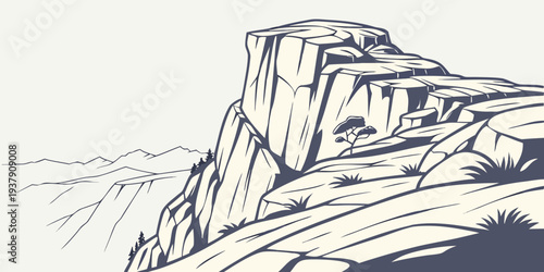 A majestic mountain peak rising above the misty clouds and rugged terrain. Vector