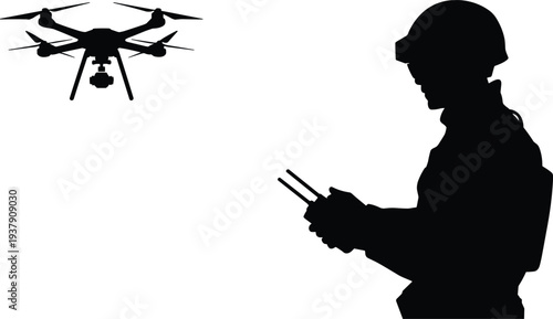 Drone pilot silhouette operating quadcopter UAV remote controller aerial surveillance technology and modern aviation concept