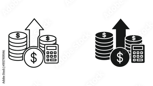 Financial Growth Icons: Coins, Calculator, and Upward Arrow Symbolizing Profit and Investment
