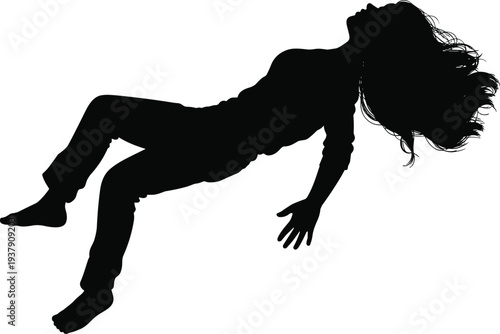 Floating woman silhouette falling backward in midair isolated on white background conceptual motion scene