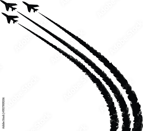 Fighter jets flying formation with smoke trails silhouette representing airshow aviation speed and military power