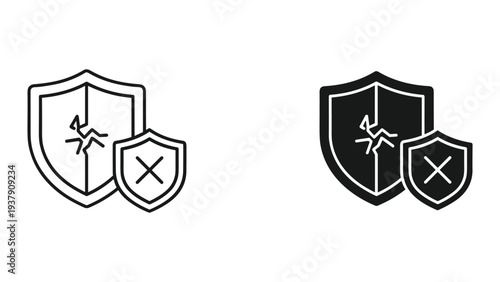 Broken Shield Icon with 'X' Symbol - Security Breach, System Failure, Data Protection Risk
