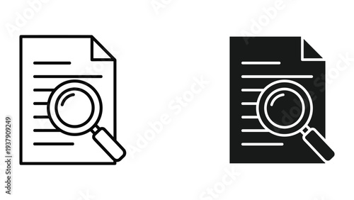 Magnifying Glass Over Document Icon Outline and Solid Silhouette Set - Research and Analysis Concept
