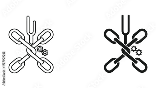 Interlocking Chains with Gears and Yoke Symbol - Concept of Connection, Mechanics, and Unity