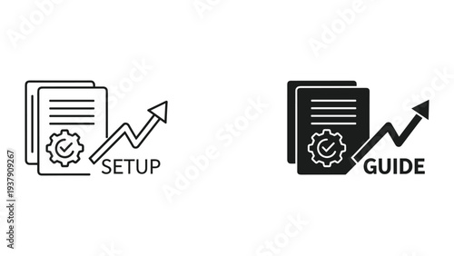 Setup and Guide Icons with Gear, Checklist, and Upward Trend Arrow