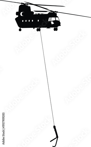 Heavy lift military helicopter silhouette carrying sling hook cargo transport aerial logistics rescue operation