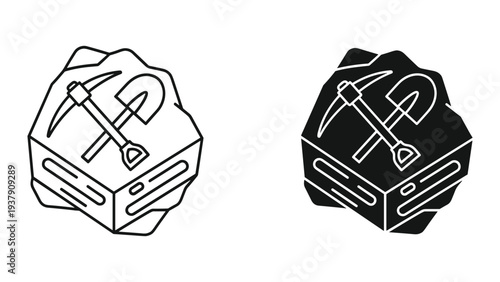 Mining Icon: Pickaxe and Shovel Crossed Over Rock Formation, Line and Silhouette