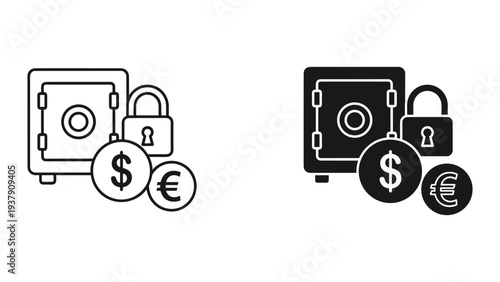 Security of Money: Safe, Padlock, Dollar and Euro Coins - Icons for Finance and Banking