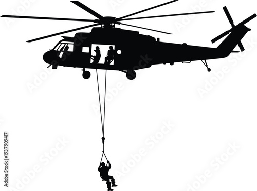 Military helicopter silhouette performing airborne rescue operation with soldier rappelling during tactical evacuation mission