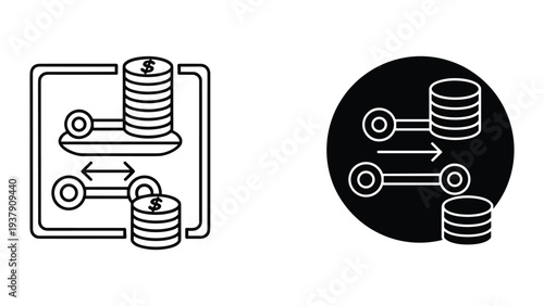 Money Transfer Icon, Financial Transaction, Data Exchange, Coins and Arrows, Digital Payment