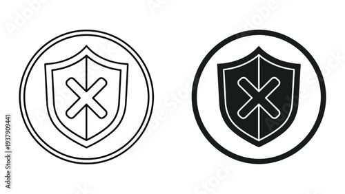 Shield Icon with Cross Mark - Security and Protection Symbol in Outline and Solid Styles