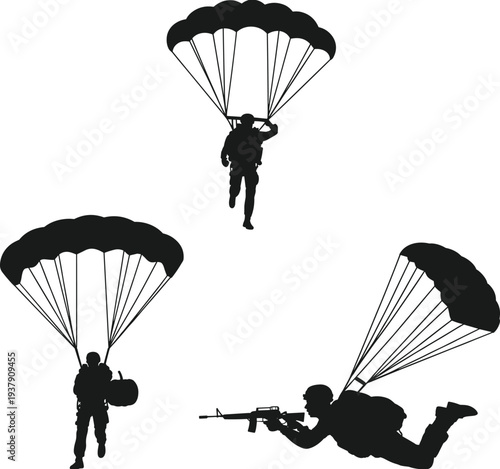 Military paratrooper silhouette parachuting with weapon airborne army soldier tactical airborne operation combat mission concept