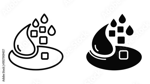 Water Droplets and Cubes Icon Set: Liquid, Ice, Purity, Freshness, Drip, Abstract Concepts