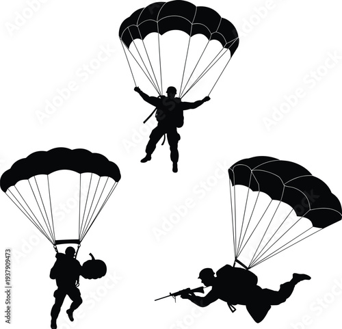 Military paratrooper silhouettes parachuting airborne soldiers tactical army skydiving combat mission landing operation concept