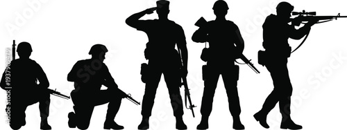 Military soldiers silhouette set in action poses with rifles isolated on white background vector illustration