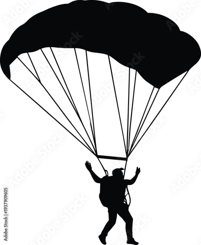 Parachutist silhouette skydiver landing with parachute extreme sport adventure airborne descent safety illustration concept