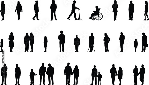 People silhouettes collection diverse human figures walking standing family elderly disability lifestyle isolated set