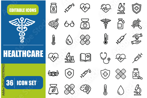 Healthcare icon set. Containing treatment, prevention, medical, health, diagnosis, report, illness, injury and more. Solid vector icons collection. 
