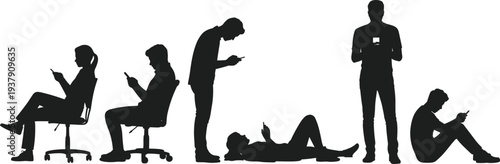 People using smartphone silhouettes set mobile phone addiction social media communication lifestyle collection