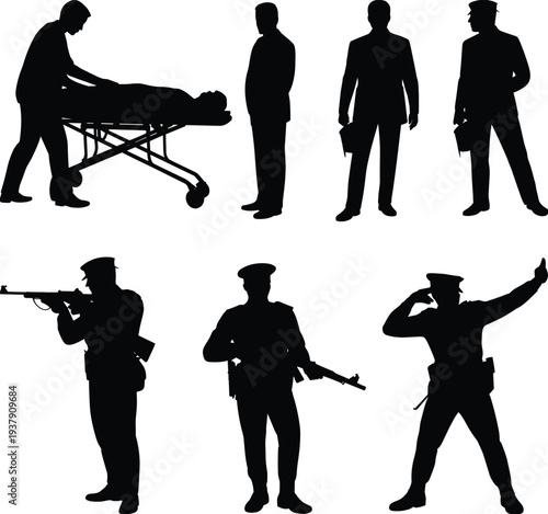 Police and emergency personnel silhouette collection with security patrol rescue action isolated on white background