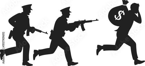 Police chasing criminal silhouette, armed officers pursuit, robbery suspect escape, law enforcement action illustration