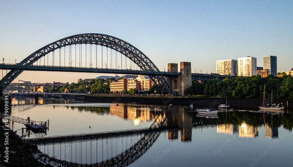 Obraz premium Scenic morning view of an arched steel bridge reflecting in calm water, urban background