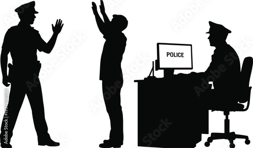 Police questioning suspect silhouettes, law enforcement investigation process, officer interrogation scene, criminal justice concept questioning suspect silhouettes, law enforcement