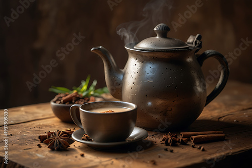 A rustic ceramic teapot steams beside a cup cinnamon sticks and spices on wood