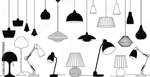 A comprehensive collection of various lamps and lighting fixtures, including pendant lights and table lamps, presented in black and white silhouette style.