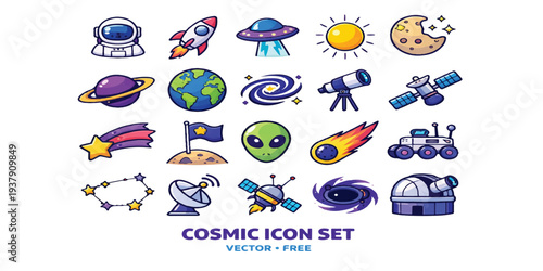 Cosmic Space Icon Set with Rocket, Planets, Galaxy, Satellite and Alien – Colorful Cartoon Astronomy Vector Collection.