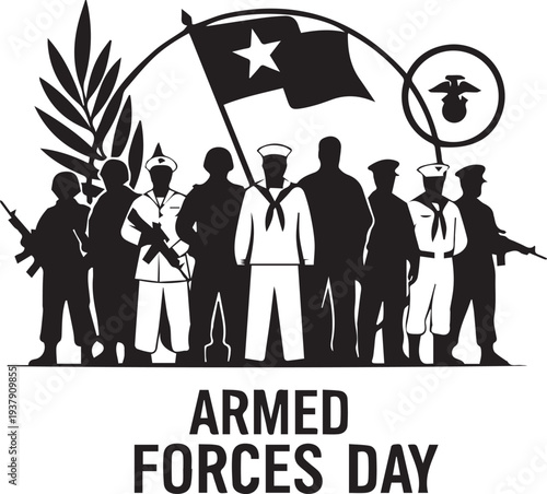 Armed forces day vector silhouette illustration with military personnel group and flag art