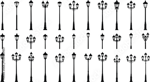 A comprehensive collection of various street lamp silhouettes, featuring different styles and designs, isolated on a clean white background for graphic design purposes.