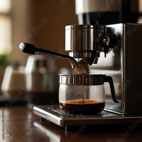 A stainless steel espresso machine brews a rich dark coffee into a glass cup on wood