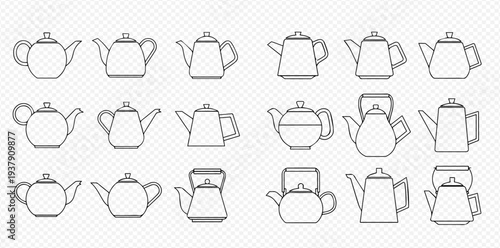 Set of various teapot outline icons for brewing and serving hot beverages.