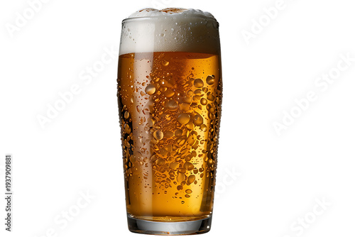 A close up shot of a freshly poured glass of golden beer with condensation and bubbly foam