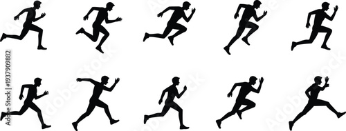 Running man silhouette set sprint athlete jogging motion poses isolated fitness action collection