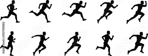 Running man silhouette collection sprint jogging athlete motion poses isolated action movement set