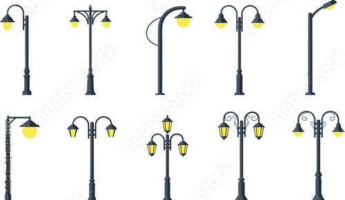 A comprehensive collection of various street lamps and lampposts in different styles, isolated on a white background.