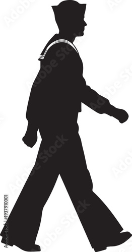 Sailor vector silhouette illustration line art of navy marine walking in uniform profile