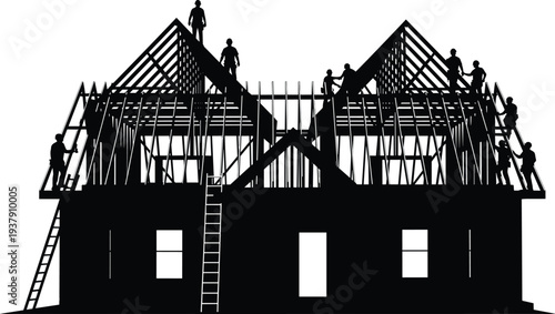 Silhouette of Construction Workers Framing a New Residential House Structure Representing Teamwork Housing Industry Real Estate Development and Home Building Success