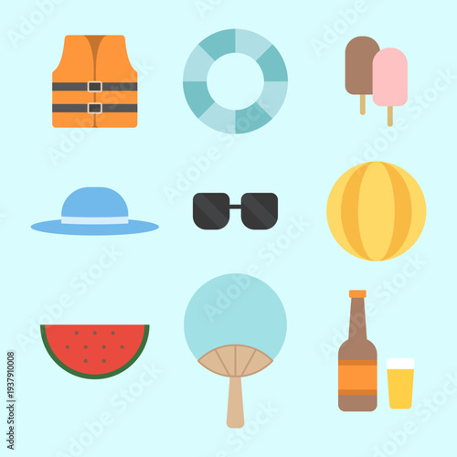 여름 휴가 물놀이 필수품 아이콘 세트 (구명조끼, 튜브, 수박, 부채 일러스트)