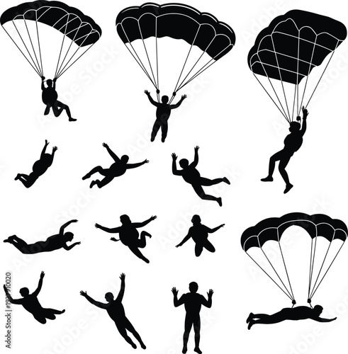 Skydiver parachute silhouette set showing freefall descent landing poses for extreme aerial sport activity