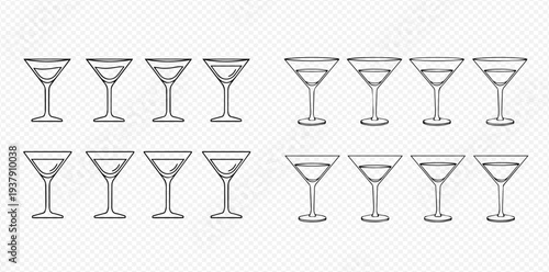 Set of hand-drawn martini glasses, perfect for cocktail party invitations and bar menu designs.