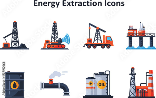 A collection of eight energy extraction icons featuring oil derricks tanks and pipelines in a flat illustration style