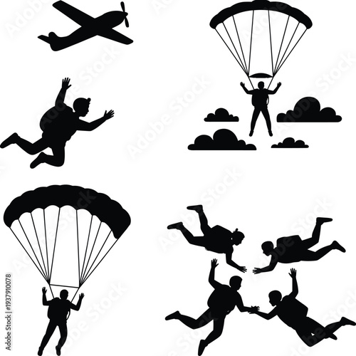 Skydiving parachute silhouette collection with airplane freefall jumpers formation extreme sport adventure activity set