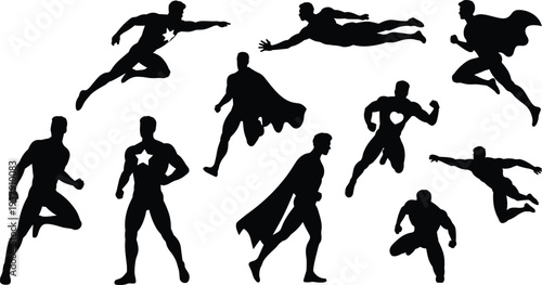 Superhero silhouette collection showing flying running action poses comic style powerful hero character set
